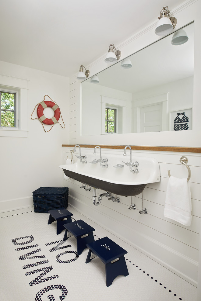 Bathroom - mid-sized coastal kids' white tile and subway tile multicolored floor and porcelain tile bathroom idea in Grand Rapids with white walls and a trough sink