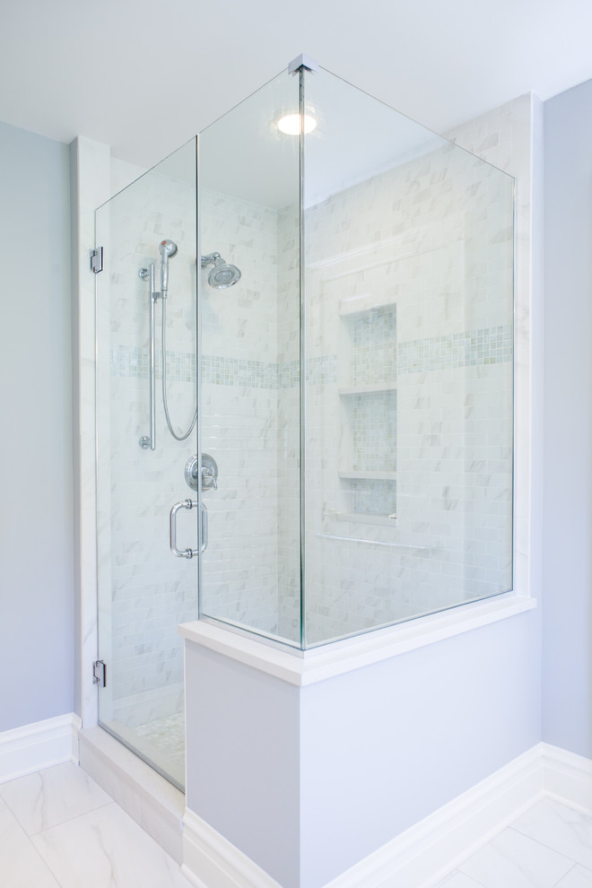 Example of a classic master white tile porcelain tile doorless shower design in Chicago with shaker cabinets, white cabinets and quartz countertops