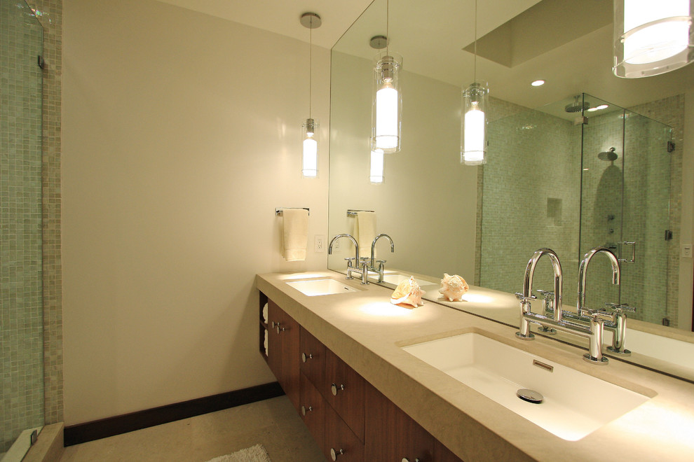 Inspiration for a contemporary bathroom in Los Angeles with mosaic tiles and feature lighting.