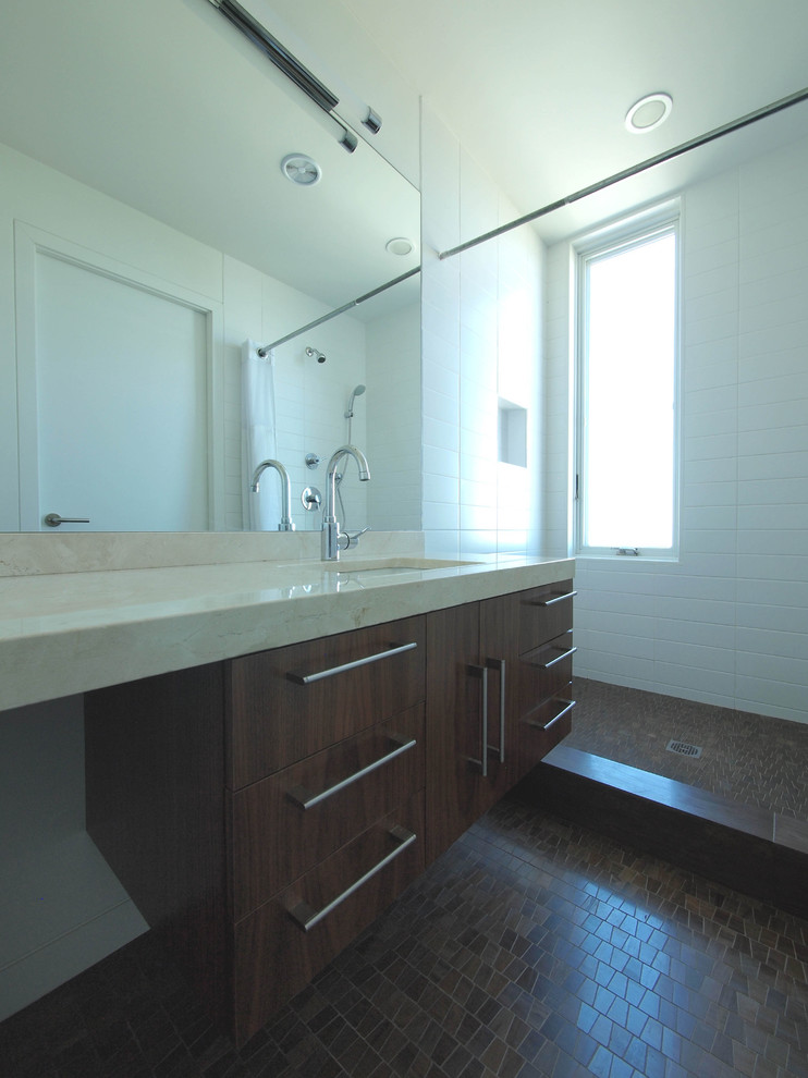 Bathroom - modern bathroom idea in New York with an undermount sink, flat-panel cabinets and dark wood cabinets