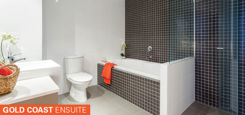 This is an example of a medium sized contemporary family bathroom in Central Coast with an integrated sink, shaker cabinets, beige cabinets, laminate worktops, a built-in bath, a walk-in shower, a two-piece toilet, beige tiles, ceramic tiles, white walls and ceramic flooring.