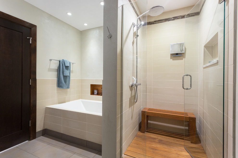 Inspiration for a medium sized traditional ensuite bathroom in Chicago with flat-panel cabinets, medium wood cabinets, an alcove bath, an alcove shower, a two-piece toilet, white tiles, ceramic tiles, white walls, ceramic flooring, a submerged sink and marble worktops.