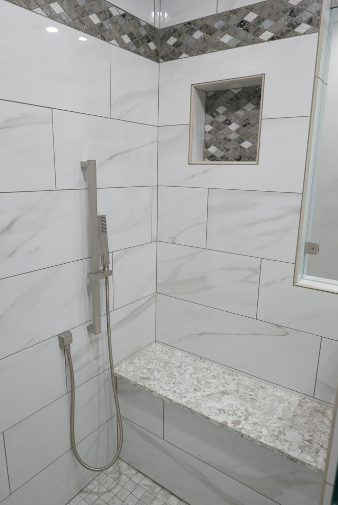Design ideas for a medium sized traditional ensuite bathroom in Other with shaker cabinets, grey cabinets, an alcove shower, a two-piece toilet, white tiles, porcelain tiles, grey walls, porcelain flooring, a submerged sink, engineered stone worktops, white floors, a hinged door and multi-coloured worktops.
