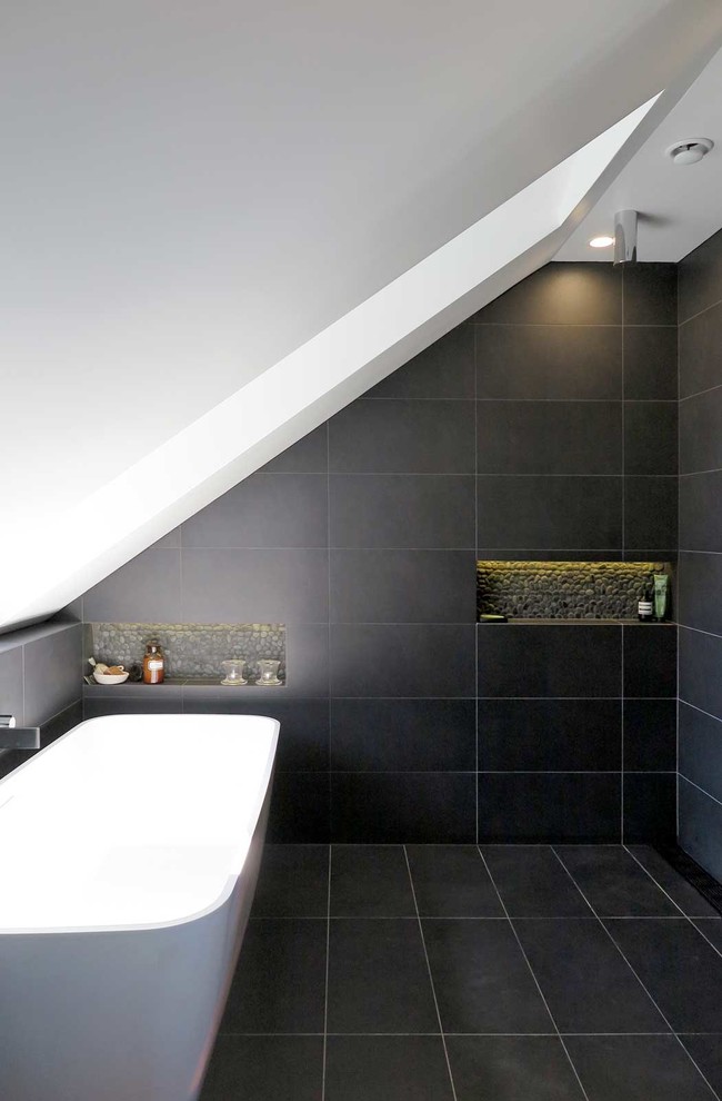 Bathroom - small contemporary master black tile and ceramic tile ceramic tile and black floor bathroom idea in Sydney with flat-panel cabinets, light wood cabinets, white walls, an undermount sink and marble countertops