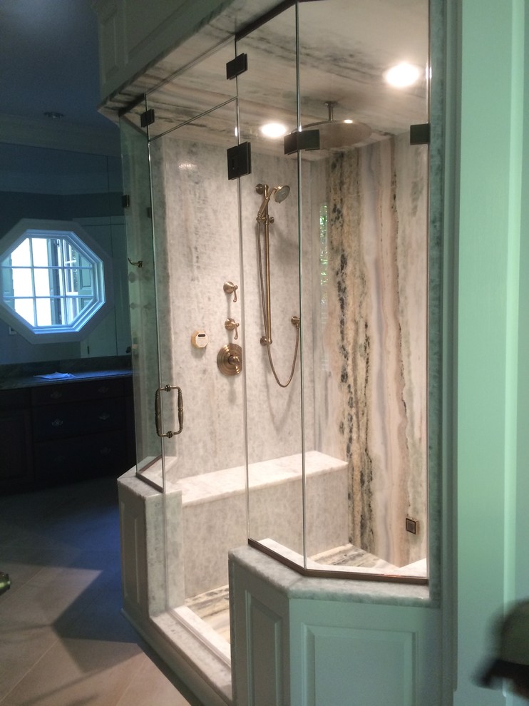 Design ideas for a medium sized classic ensuite bathroom in DC Metro with dark wood cabinets, an alcove bath, a double shower, stone slabs, white walls, granite worktops, ceramic flooring, beige floors and a hinged door.