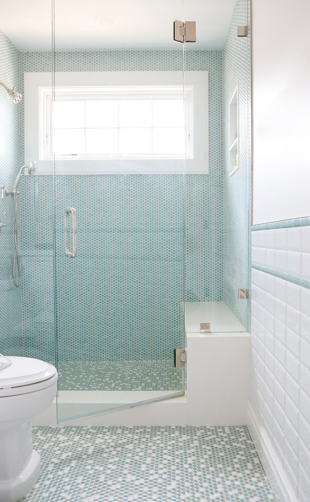 Photo of a medium sized classic shower room bathroom in Los Angeles with an alcove shower, a two-piece toilet, blue tiles, multi-coloured tiles, white tiles, mosaic tiles, white walls, mosaic tile flooring, blue floors and a hinged door.