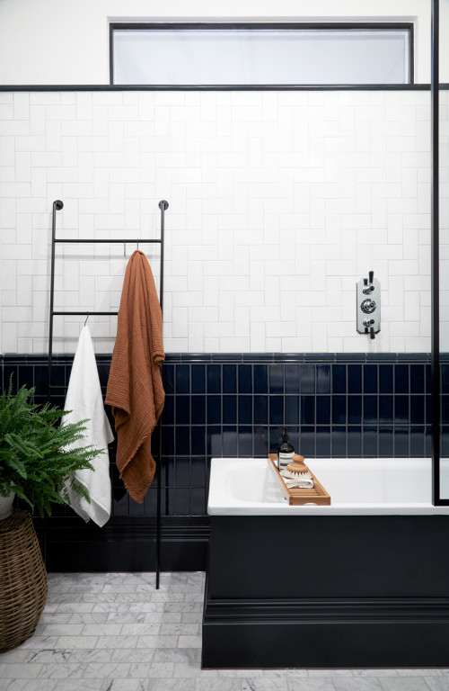 Art Deco Bathroom with Black and White Hexagon Floor Tiles