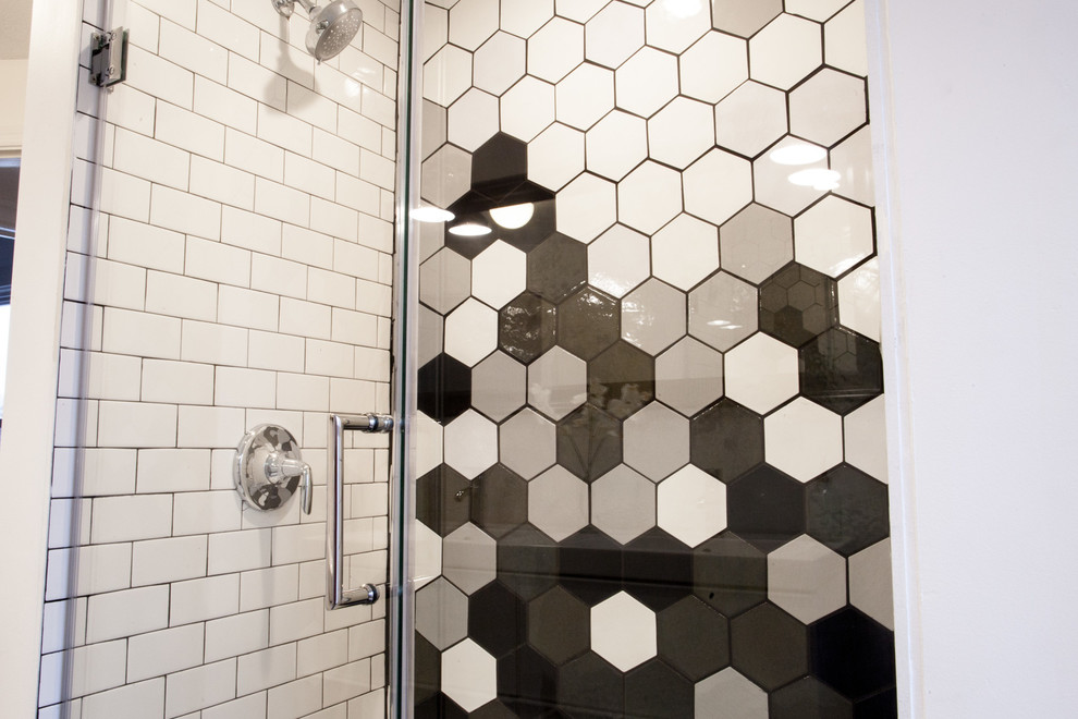 Gradient Black & White Hexagon Shower Modern Bathroom Minneapolis by Mercury Mosaics and