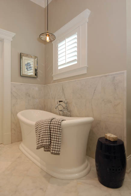 Bathroom - mid-sized traditional master beige tile and stone tile marble floor bathroom idea in Chicago with an undermount sink, raised-panel cabinets, gray cabinets, granite countertops and beige walls