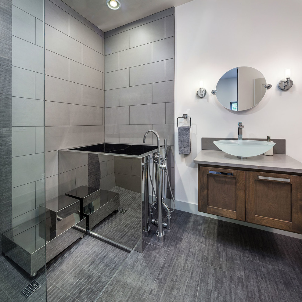 Design ideas for a large contemporary bathroom in Other with shaker cabinets, dark wood cabinets, a japanese bath, a walk-in shower, grey tiles, white walls, a vessel sink, porcelain tiles, porcelain flooring, engineered stone worktops and an open shower.