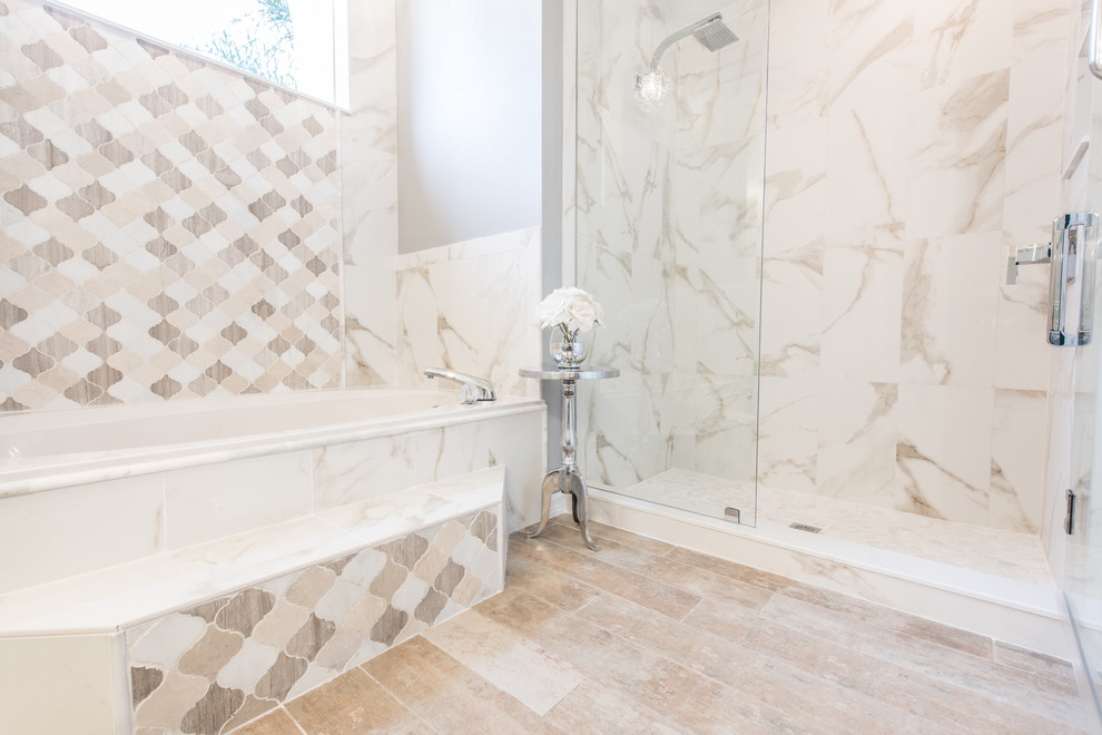 This is an example of a large shabby-chic style ensuite bathroom in Other with turquoise cabinets, multi-coloured tiles, engineered stone worktops, an alcove bath, an alcove shower, mosaic tiles, grey walls, a vessel sink and a hinged door.