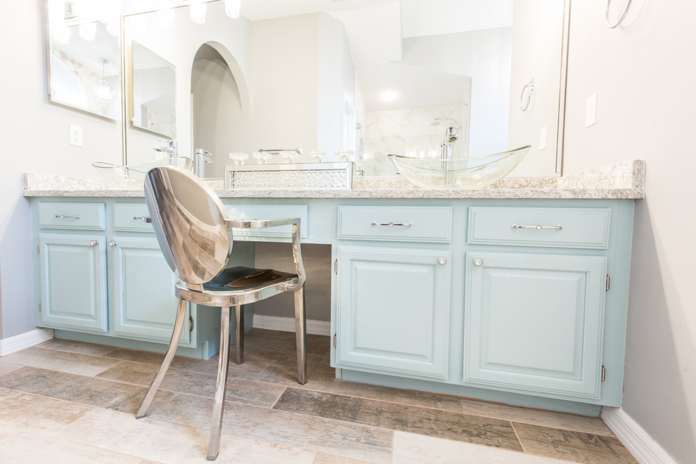 Example of a cottage chic bathroom design in Other with turquoise cabinets and quartz countertops