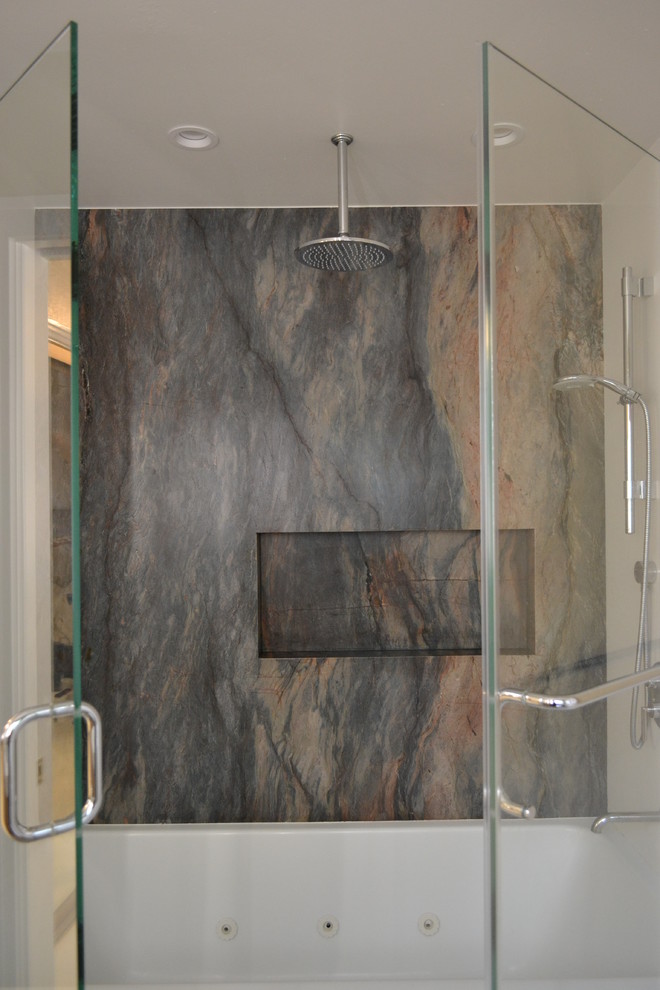 Inspiration for a mid-sized contemporary stone slab ceramic tile and gray floor tub/shower combo remodel in San Francisco with flat-panel cabinets, medium tone wood cabinets, quartz countertops, a hinged shower door and white countertops