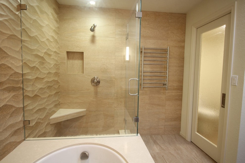 Medium sized contemporary ensuite bathroom in San Francisco with recessed-panel cabinets, dark wood cabinets, a submerged bath, a corner shower, beige walls and a submerged sink.