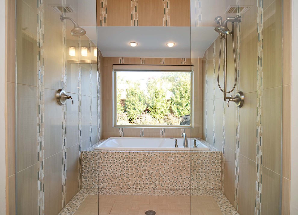 Design ideas for a modern bathroom in Dallas with mosaic tiles.