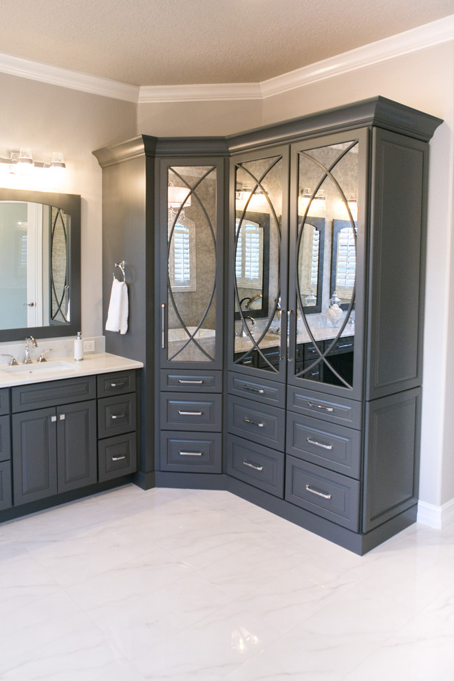 Gray and White Master Bath with Stacked Stone Accent Wall