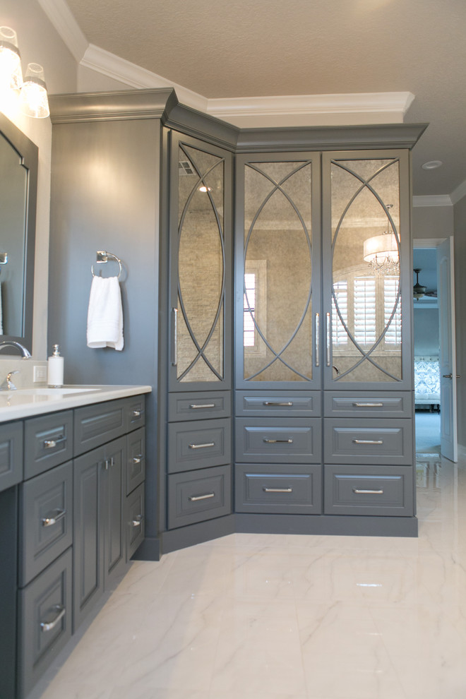 Gray and White Master Bath with Stacked Stone Accent Wall