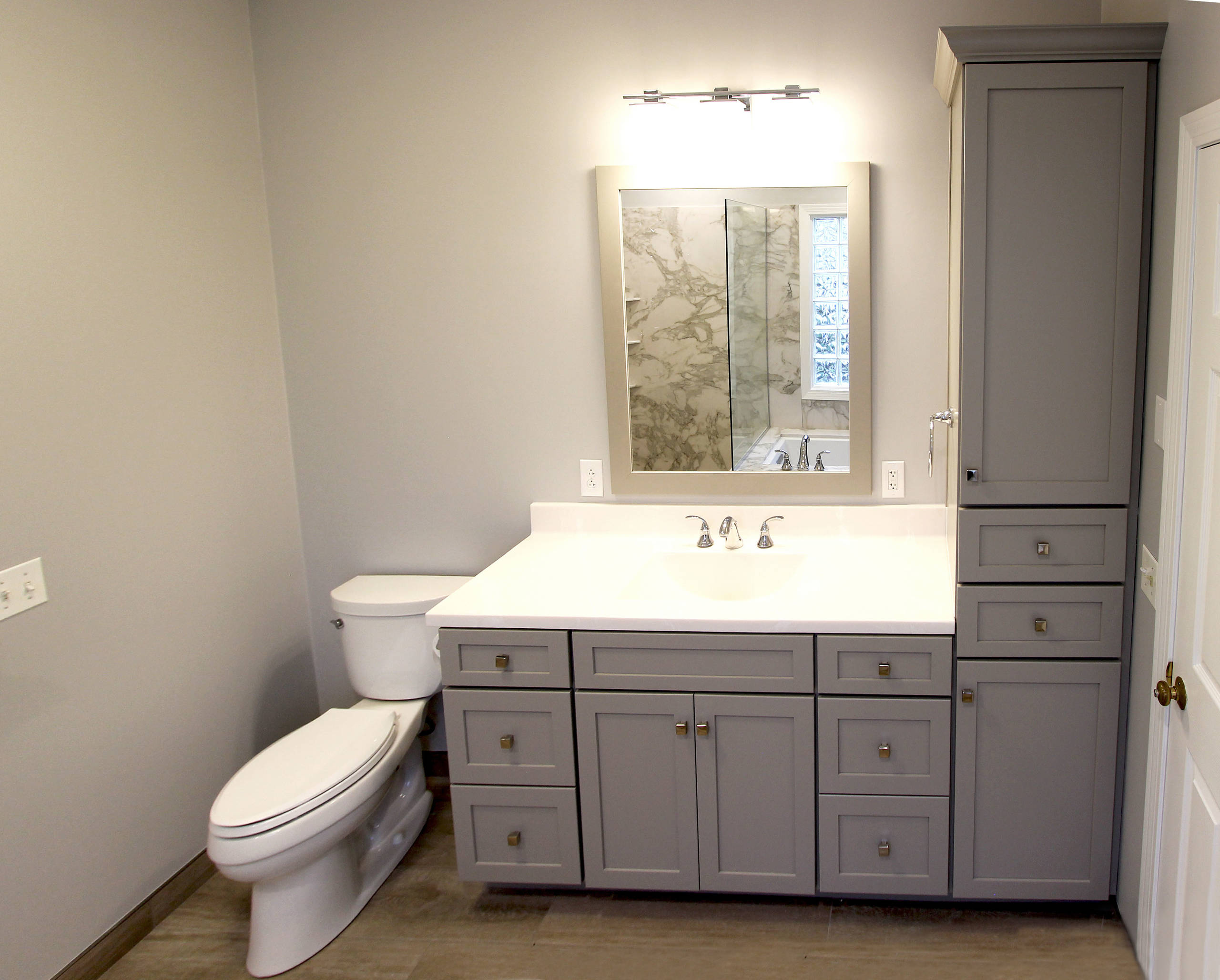 Gray Bathroom W White Alabaster Cultured Marble Countertops And