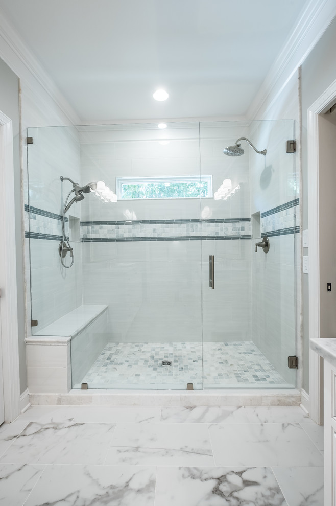 Small trendy master white tile ceramic tile and white floor doorless shower photo in Charlotte with beaded inset cabinets, white cabinets, gray walls, an integrated sink, granite countertops, a hinged shower door and gray countertops