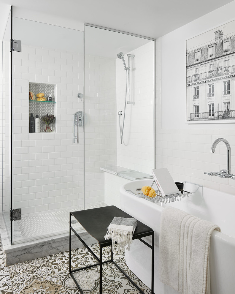 Bathroom - mid-sized contemporary white tile and ceramic tile porcelain tile and gray floor bathroom idea in Chicago with furniture-like cabinets, gray cabinets, a two-piece toilet, white walls, an undermount sink, marble countertops, a hinged shower door and white countertops