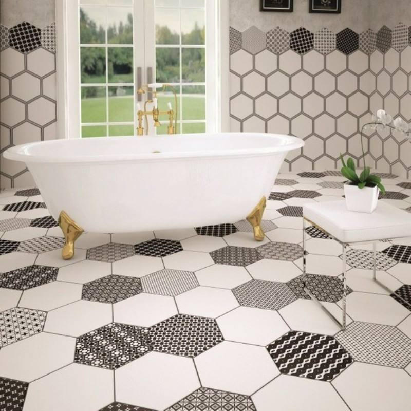 Grazia Black And White Decor Hexagon, Floor And Decor Hexagon Marble Tile