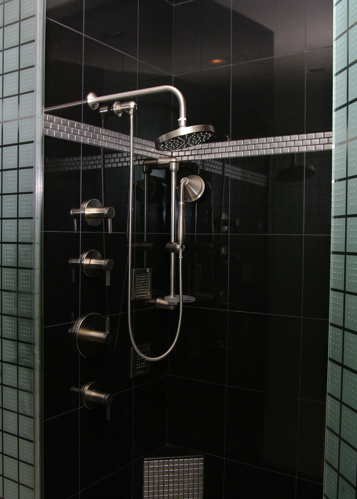 Alcove shower - huge traditional master black tile and ceramic tile travertine floor and beige floor alcove shower idea in Phoenix with flat-panel cabinets, black cabinets, a hot tub, blue walls, a vessel sink, quartz countertops and a hinged shower door