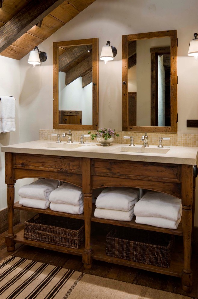 Inspiration for a rustic master beige tile and mosaic tile bathroom remodel in Other with open cabinets and dark wood cabinets