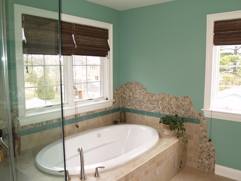 Design ideas for a medium sized traditional bathroom in Chicago with a built-in bath, a corner shower, beige tiles, ceramic tiles, green walls and ceramic flooring.