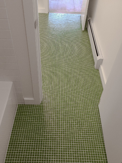 Green Floor Mosaic by Ann Sacks and White Subway Tile Shower ...