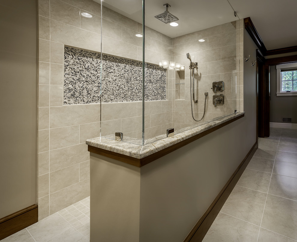 Example of a mid-sized ornate master gray tile and porcelain tile porcelain tile double shower design in Other with recessed-panel cabinets, white cabinets, a two-piece toilet, gray walls, an undermount sink and granite countertops