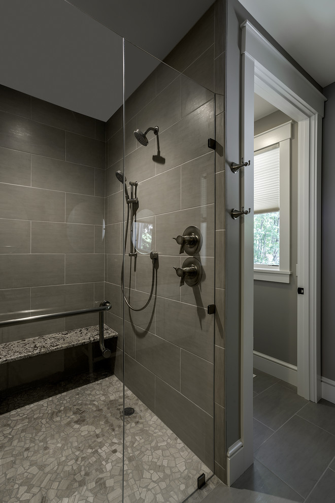 Mid-sized elegant master gray tile and porcelain tile porcelain tile double shower photo in Other with recessed-panel cabinets, white cabinets, a two-piece toilet, gray walls, an undermount sink and granite countertops