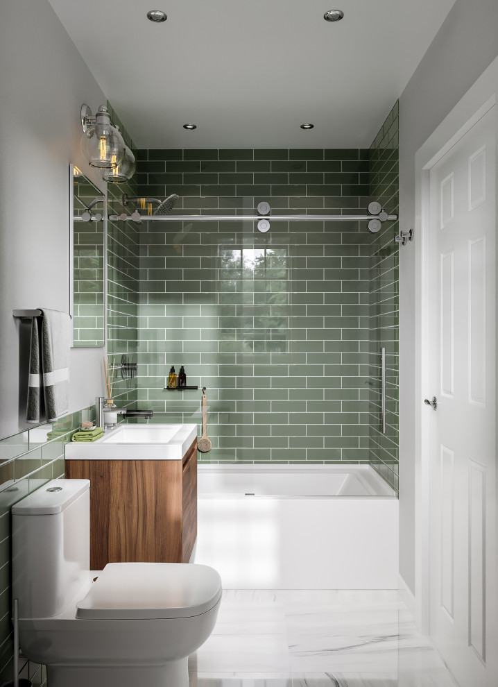 Idée de décoration pour une petite salle de bain minimaliste en bois brun avec meuble simple vasque et meuble-lavabo suspendu.