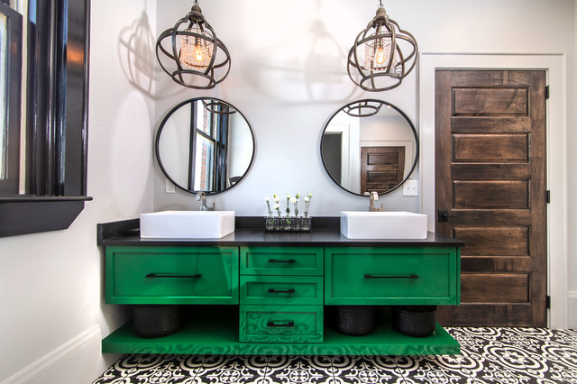 Green vanity with black and white tile floor - Industrial - Bathroom ...