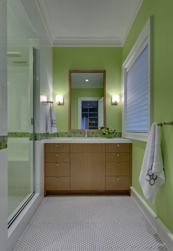 Inspiration for a modern mosaic tile bathroom remodel in Dallas with green walls