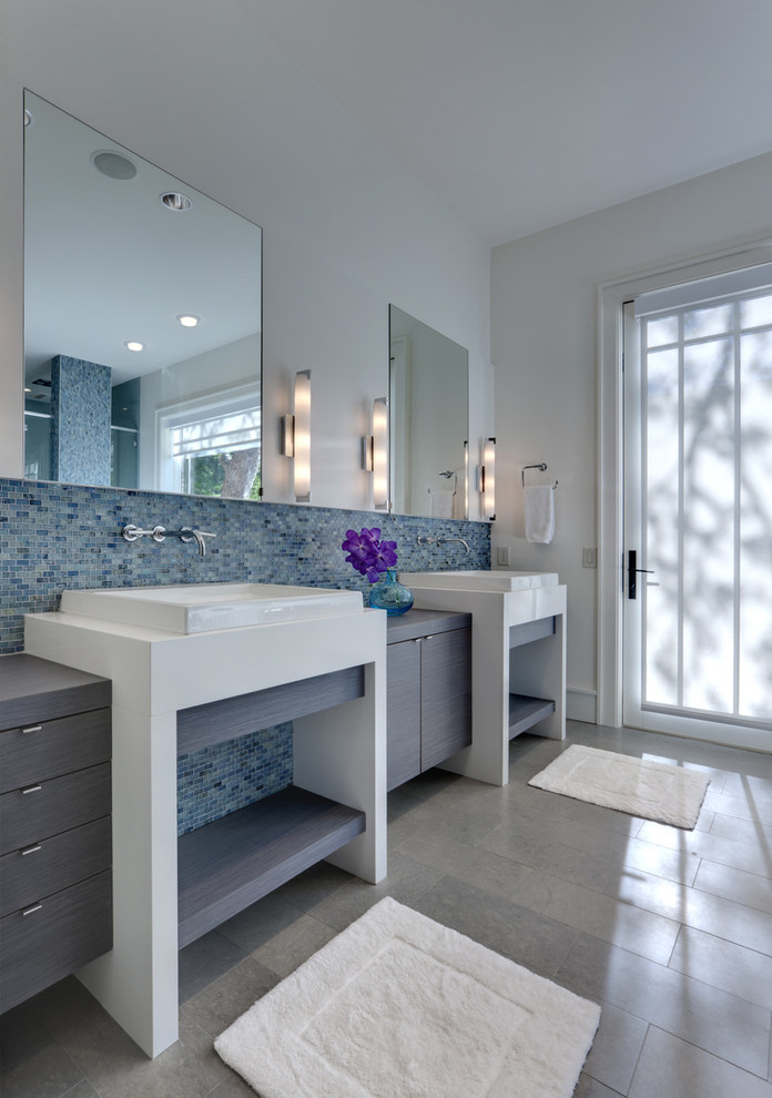 Modern bathroom in Dallas with mosaic tiles.