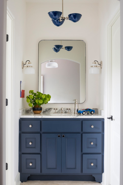 Unveiling Elegance: Navy-Blue Vanity and Marble Bliss for Boys Bathroom Ideas