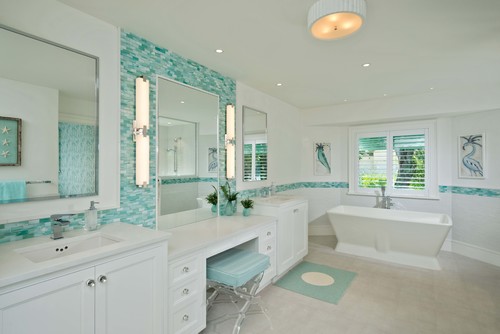 Turquoise Dreams: White Beach Bathroom with Turquoise Backsplash Tiles for Beach Bathroom Ideas