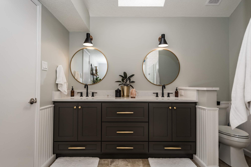 Inspiration for a mid-sized modern master white tile and ceramic tile double shower remodel in Dallas with shaker cabinets, brown cabinets, gray walls, an undermount sink, quartz countertops, a hinged shower door and multicolored countertops