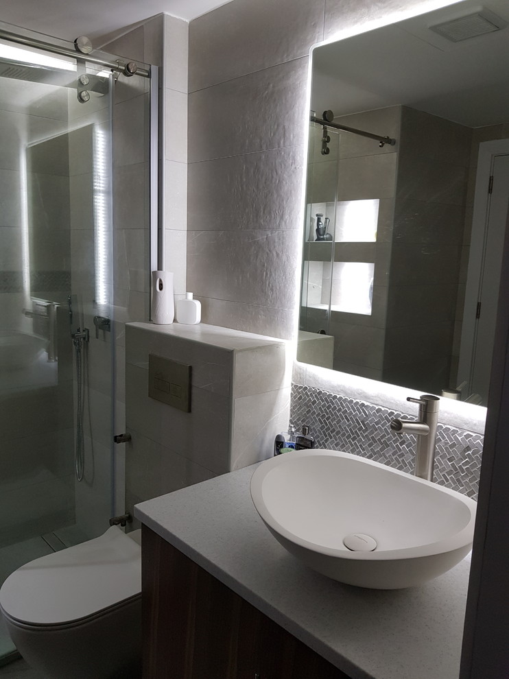 Grey grey modern bathroom with a walk in shower - Modern - Bathroom ...