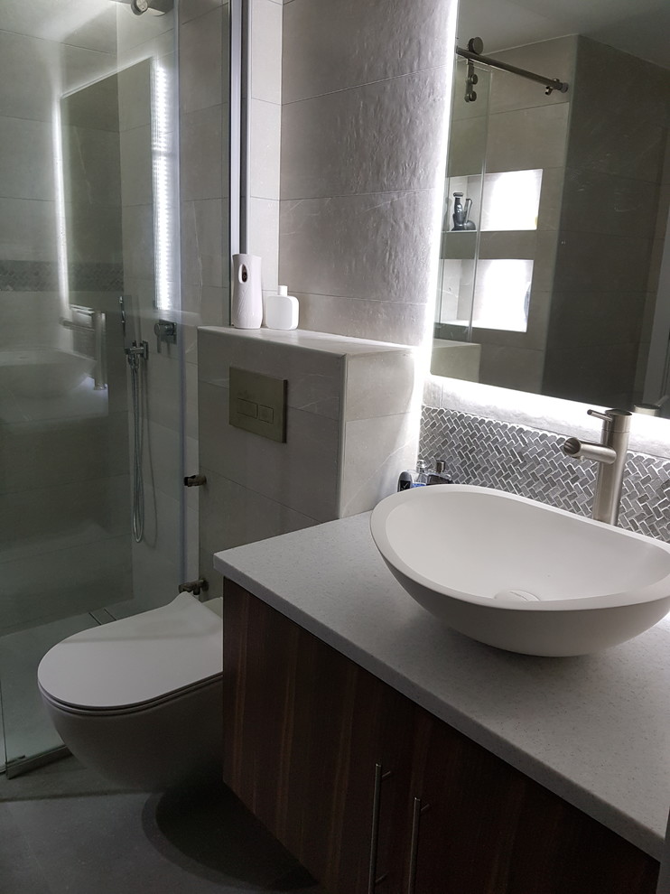 Grey grey modern bathroom with a walk in shower - Modern - Bathroom ...