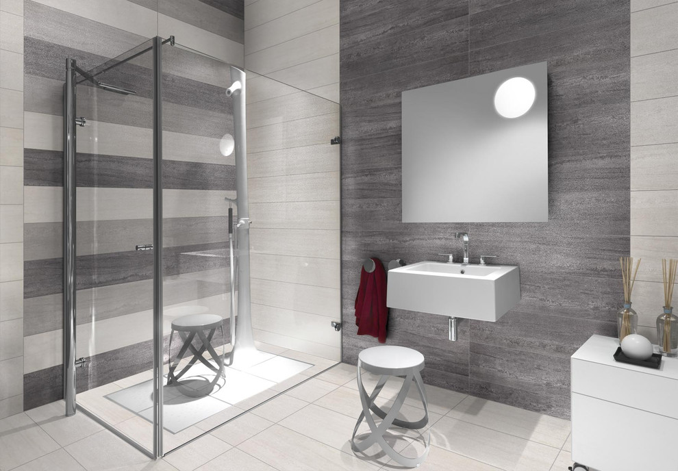 This is an example of a large contemporary bathroom in Brisbane with grey tiles, porcelain tiles, white walls and porcelain flooring.