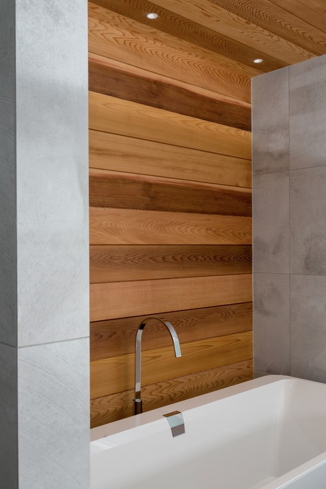 Immagine di una stanza da bagno padronale minimal di medie dimensioni con vasca freestanding, piastrelle grigie, piastrelle di cemento, pareti grigie e top in granito