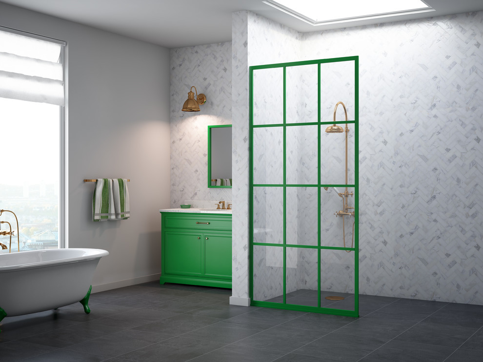 Пример оригинального дизайна: главная ванная комната среднего размера в стиле фьюжн с душевой комнатой, белой плиткой, керамической плиткой, полом из керамической плитки, накладной раковиной, мраморной столешницей, черным полом, открытым душем, зелеными фасадами, отдельно стоящей ванной, белыми стенами и фасадами островного типа
