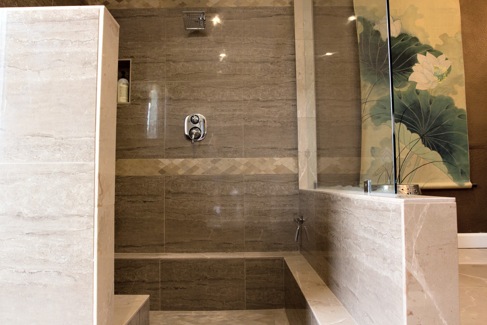 This is an example of a medium sized world-inspired ensuite bathroom in Las Vegas with a submerged sink, freestanding cabinets, dark wood cabinets, engineered stone worktops, a walk-in shower, a two-piece toilet, beige tiles, porcelain tiles, multi-coloured walls and porcelain flooring.