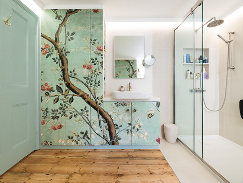 Asian Serenity: Cherry Blossom Wallpaper and Wood Floor - Bathroom Ideas