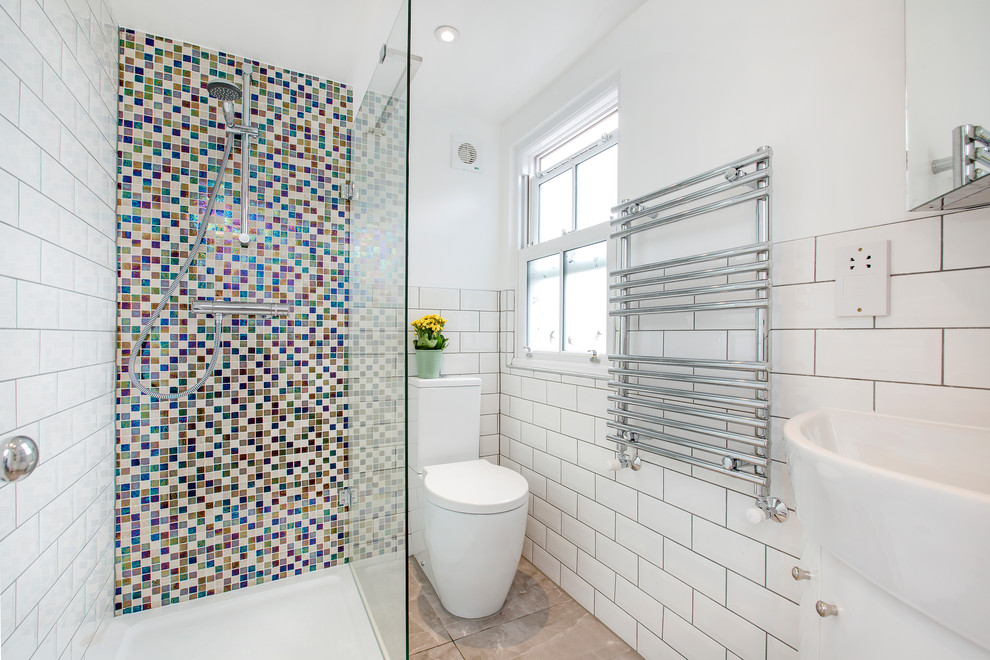 Photo of a medium sized contemporary bathroom in Other with a walk-in shower, mosaic tiles, white walls, a wall-mounted sink and an open shower.