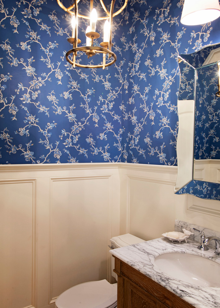Ispirazione per una piccola stanza da bagno con doccia classica con consolle stile comò, ante in legno scuro, WC a due pezzi, pareti blu, pavimento in legno massello medio, lavabo sottopiano e top in marmo