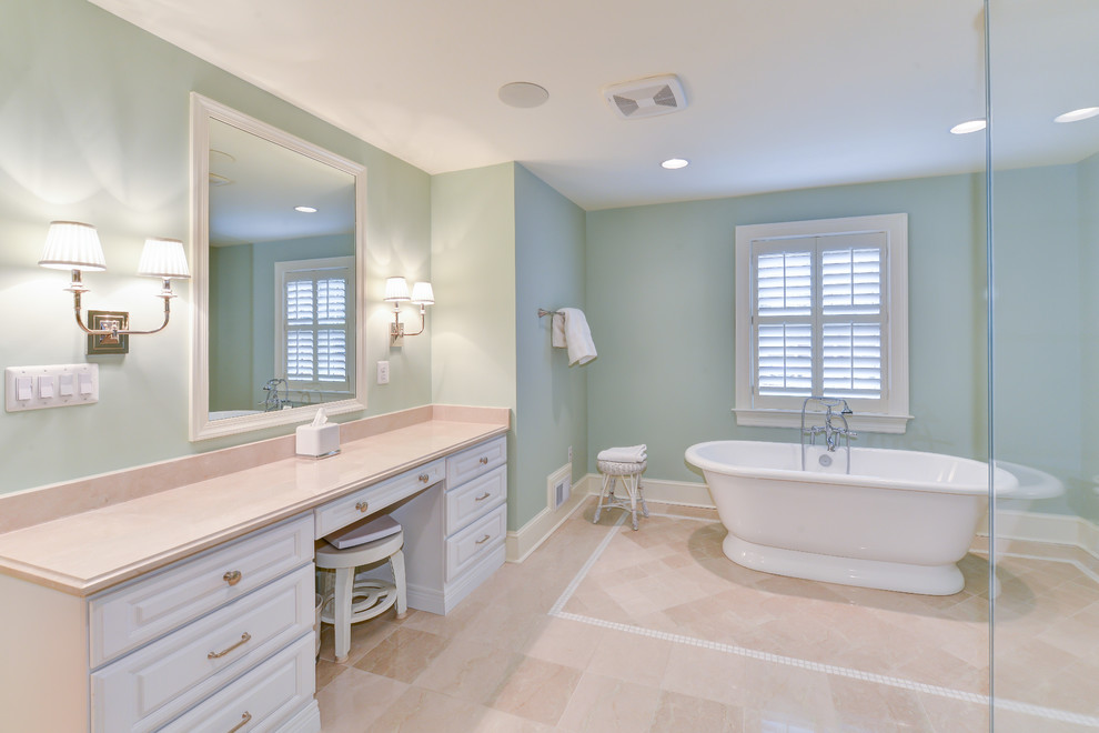Inspiration for a mid-sized timeless master beige tile and ceramic tile ceramic tile bathroom remodel with an integrated sink, beaded inset cabinets, white cabinets, granite countertops, a two-piece toilet and green walls