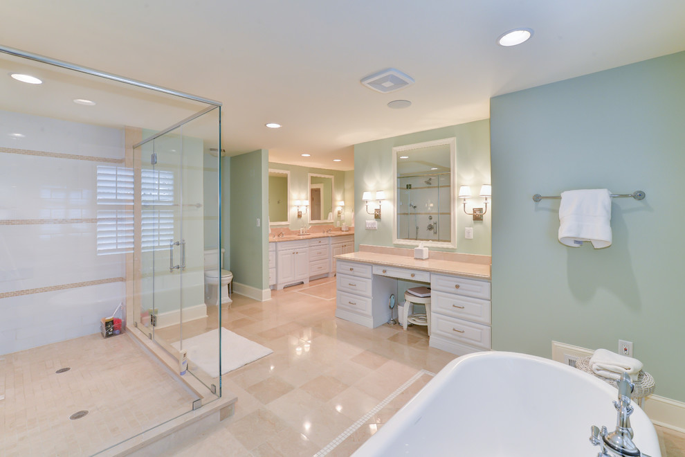 Example of a mid-sized classic master beige tile and ceramic tile ceramic tile bathroom design with an integrated sink, beaded inset cabinets, white cabinets, granite countertops, a two-piece toilet and green walls