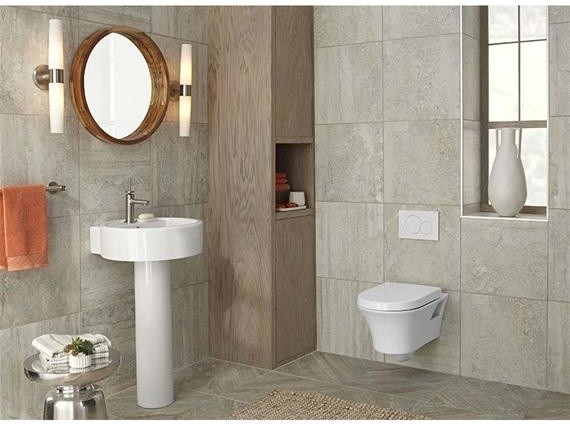 Свежая идея для дизайна: ванная комната в стиле неоклассика (современная классика) с инсталляцией и раковиной с пьедесталом - отличное фото интерьера